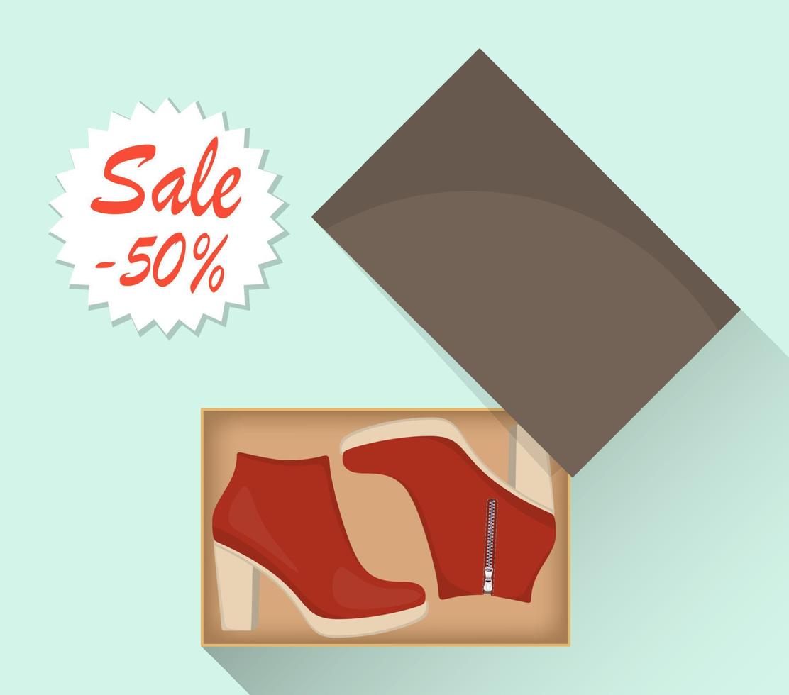 Stylish modern women s high heel boots in box, side view. Sale with a discount of 50 percent. Casual women s shoes. Illustration for a shoe store. Vector flat illustration.