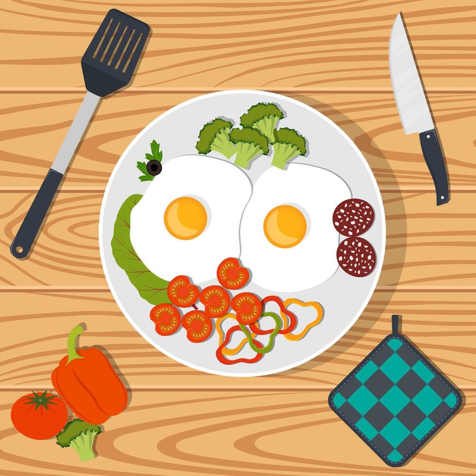 desayuno tradicional. huevos revueltos con verduras y salchichas en un plato blanco. ilustración vectorial en estilo plano. vector