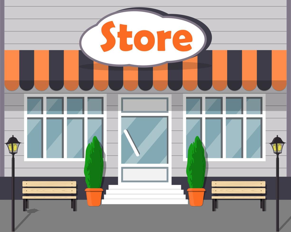 Beautiful modern store front with big windows and sign Store on the facade. Cartoon vector illustration.