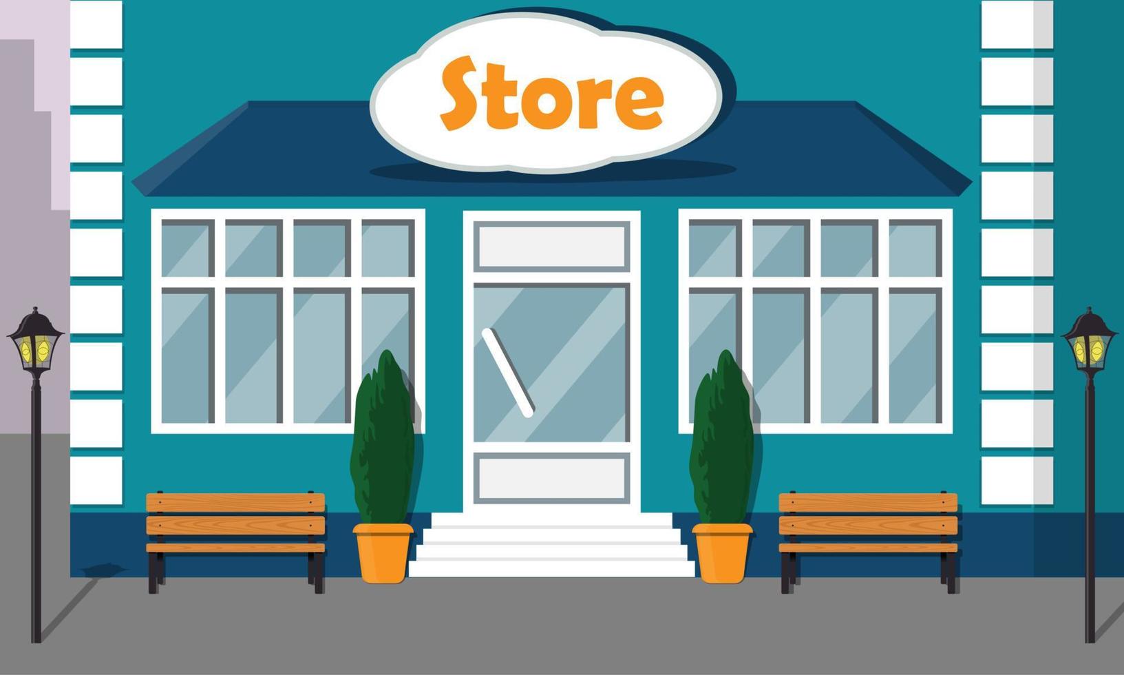 Beautiful modern store front with big windows and sign on the facade. Cartoon vector illustration.