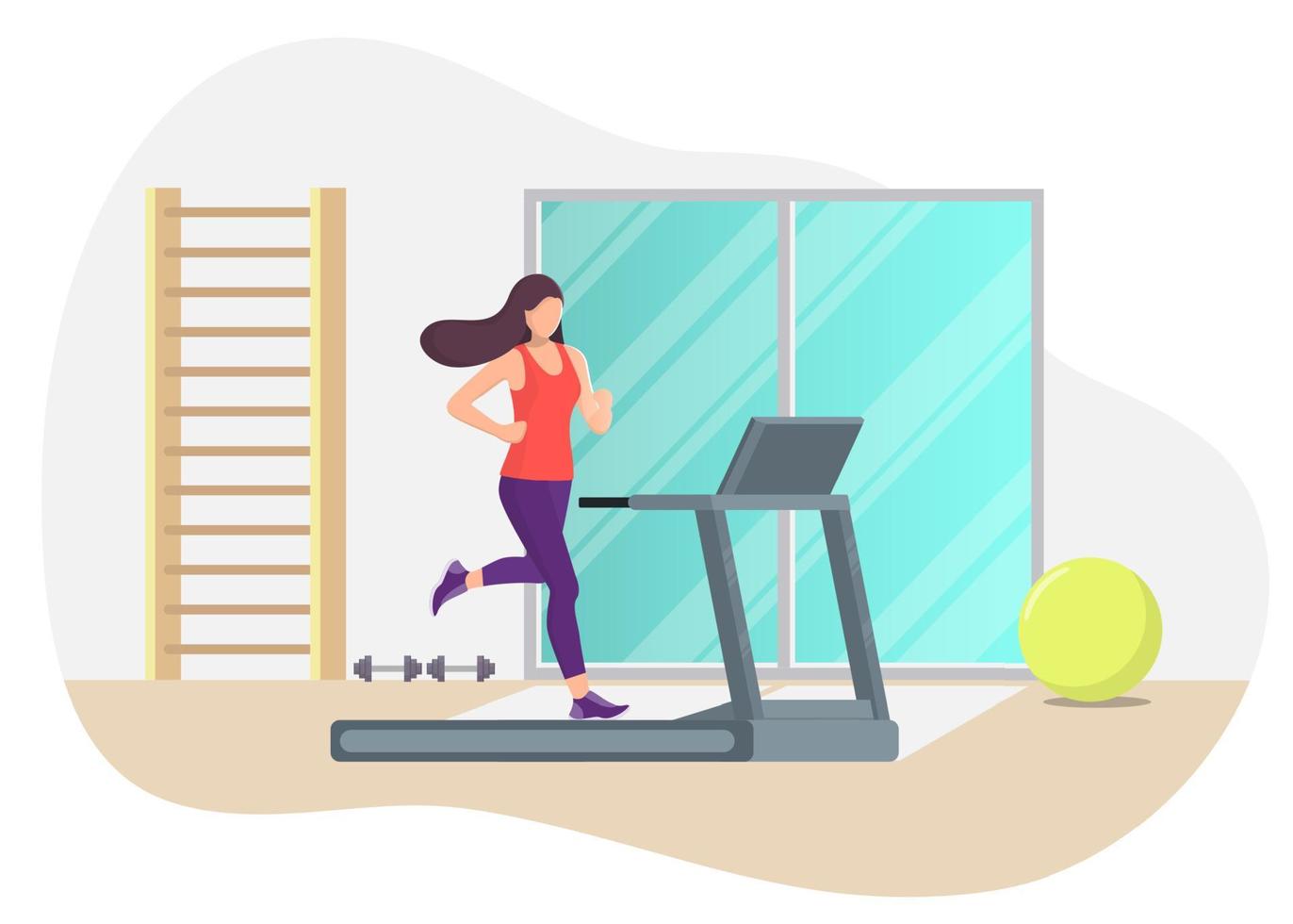 Young beautiful woman running on a treadmill in a gym. Girl running. Vector illustration in flat style.