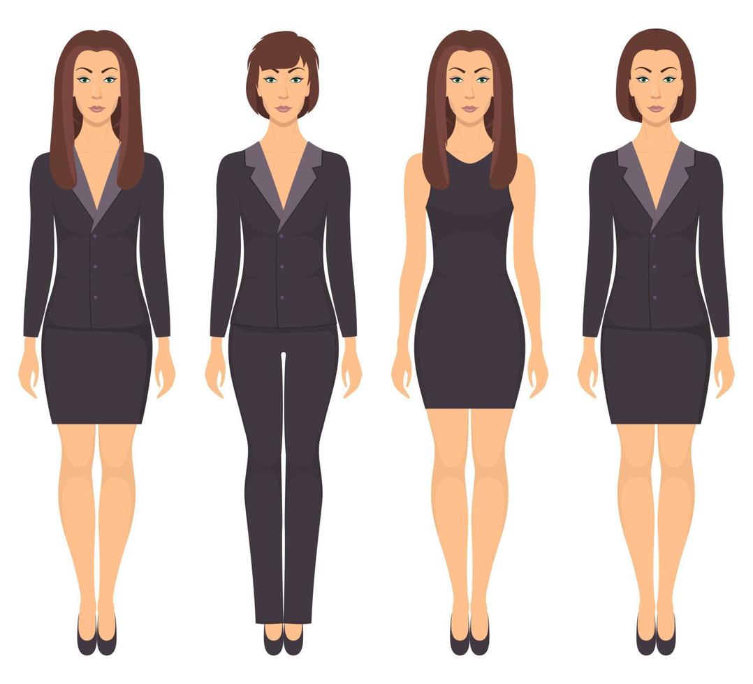 Beautiful young woman standing in full growth in different formal clothes. Woman in elegant and casual clothes. Basic wardrobe. Vector illustration, isolated.