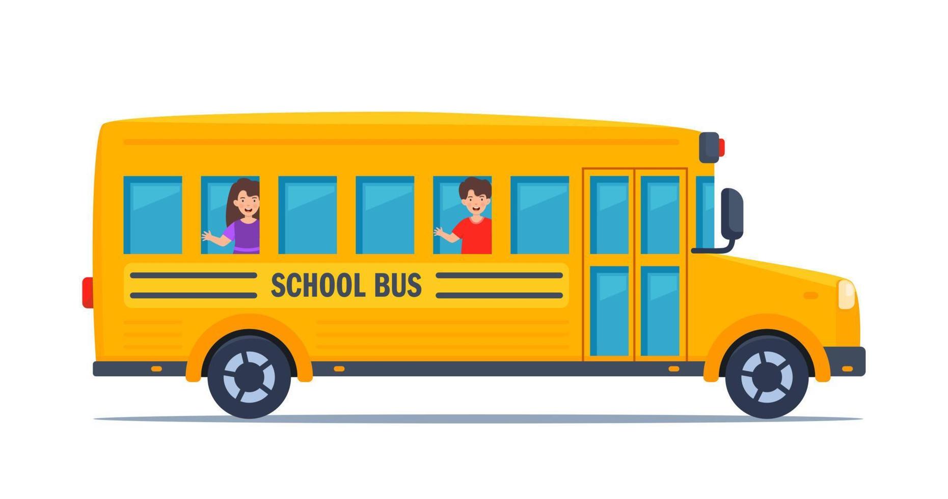 School bus and Happy Children. Kids in yellow classic school bus. Side view. American education. Back to school. Vector illustration.