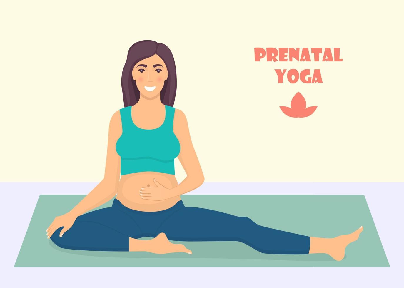 mujer embarazada haciendo ejercicios de yoga en la alfombra. yoga para mujeres embarazadas. yoga prenatal. ilustración vectorial en estilo plano. vector