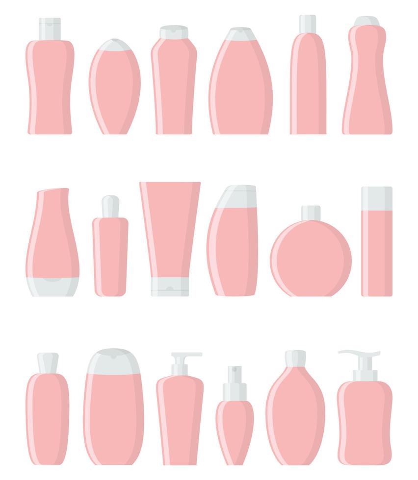 Set of pink flat cosmetic bottles. Cream, shampoo, gel, spray, tube and soap. Skin and body care, toiletres. Products for beauty and cleanser. Vector illustration in flat style