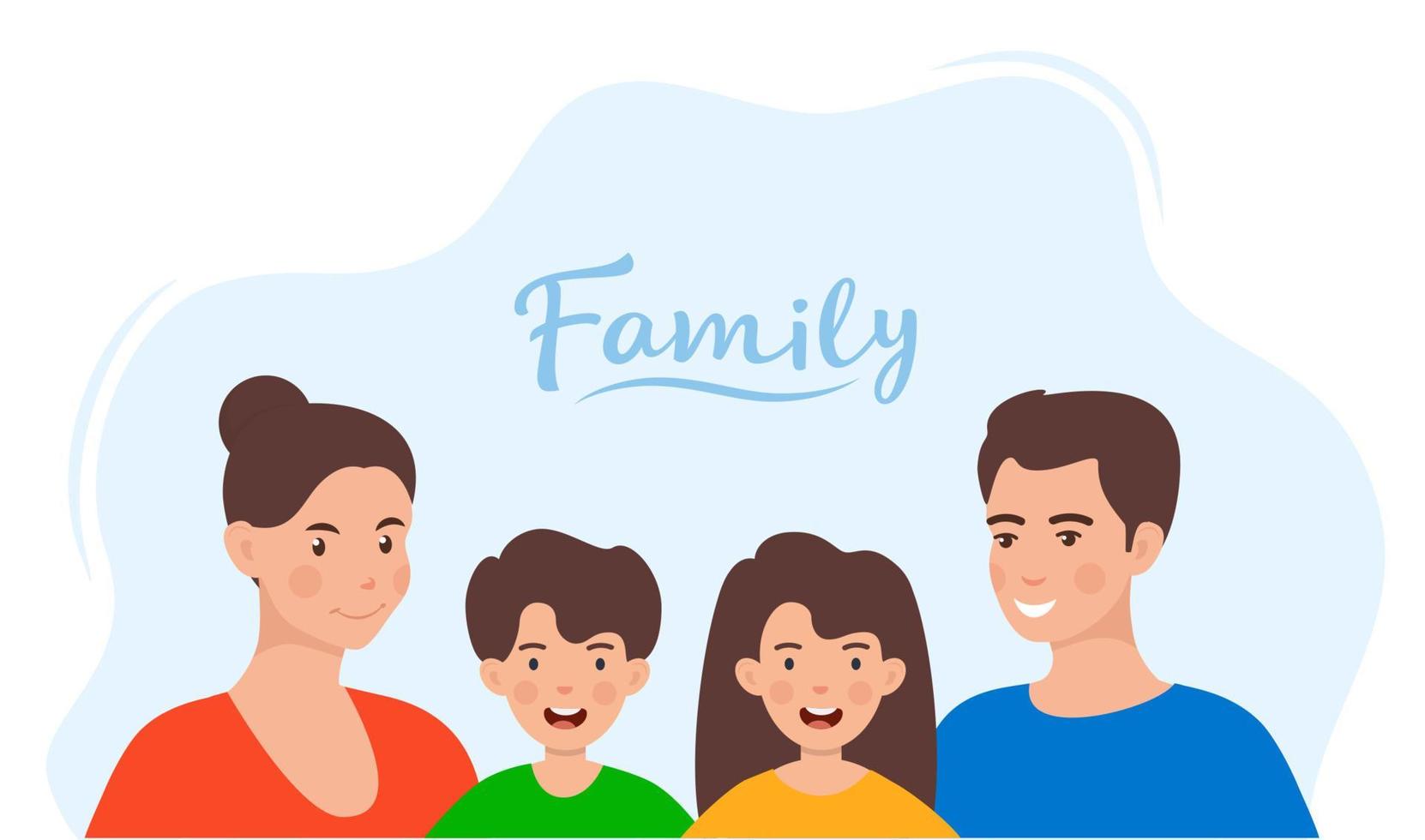 Cute family in colorful clothes. Family portrait. Mom, dad, son, daughter happy faces. Simple flat style vector illustration.