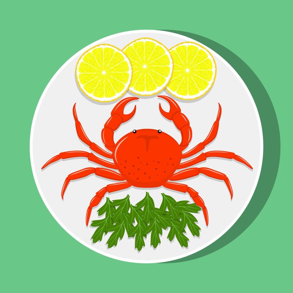 cangrejo rojo grande en un plato blanco con rodajas de limón y hierbas. ilustración plana vectorial. vector