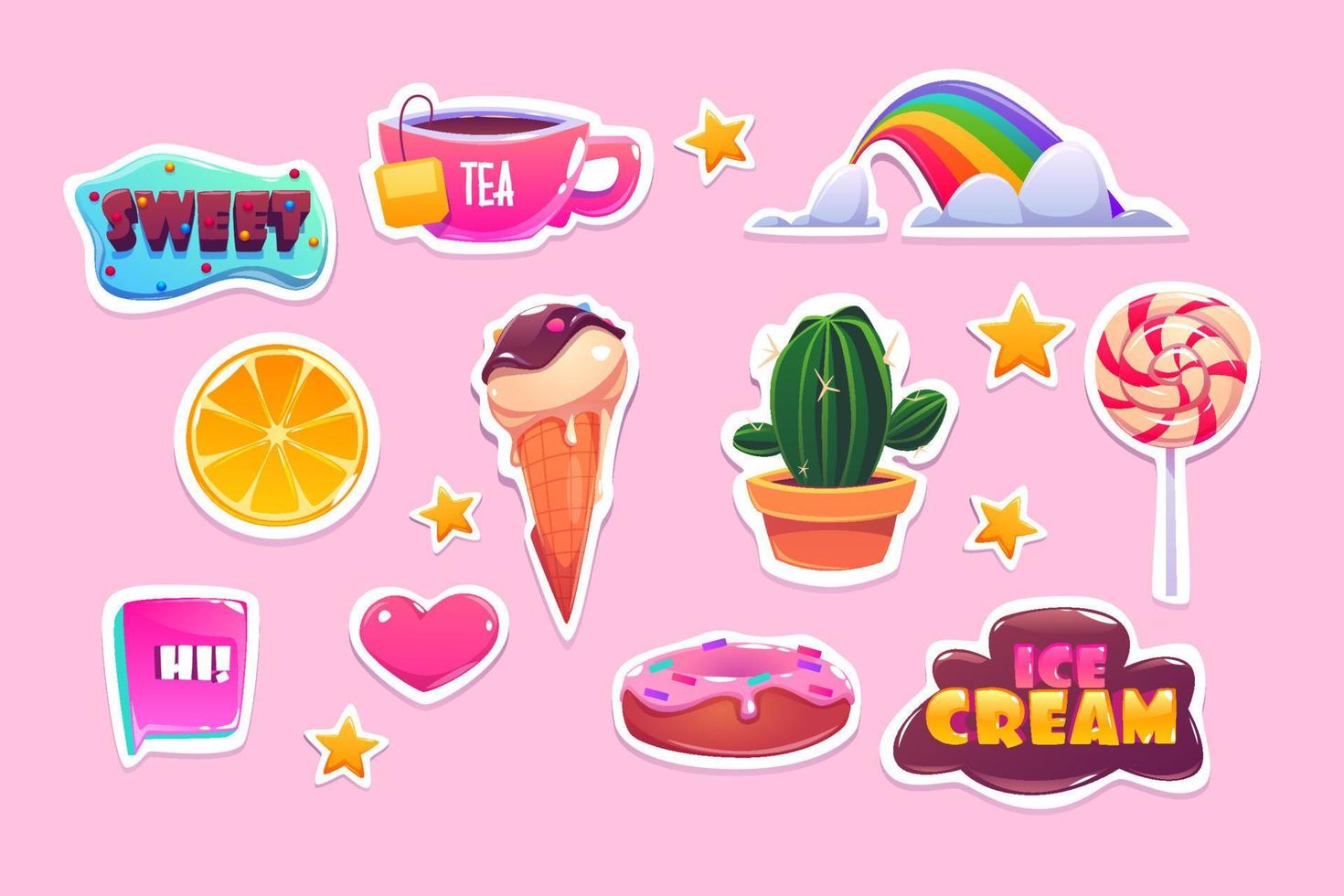 Cute stickers set with rainbow, heart and sweets vector