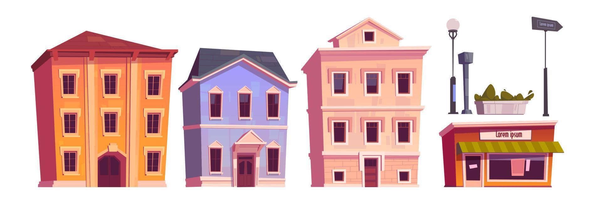 edificios retro, casas antiguas de pueblo o ciudad vector