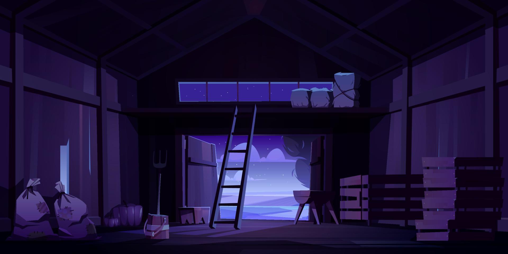 Barn on farm with harvest, straw and hay at night vector