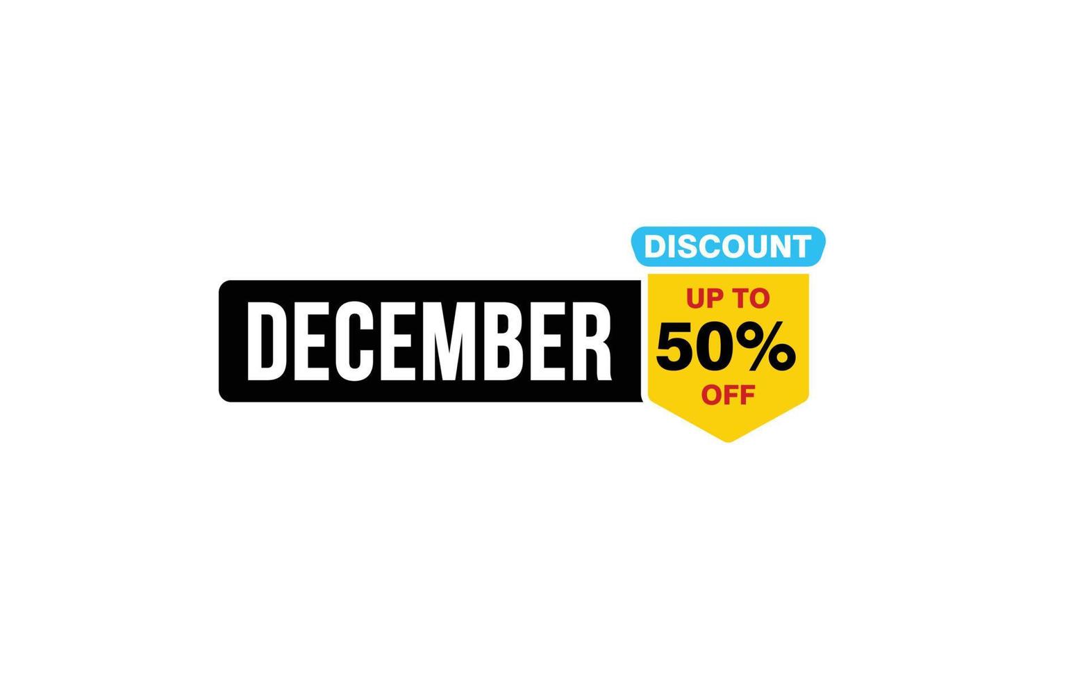 Oferta de descuento del 50 por ciento de diciembre, liquidación, diseño de banner de promoción con estilo de etiqueta. vector