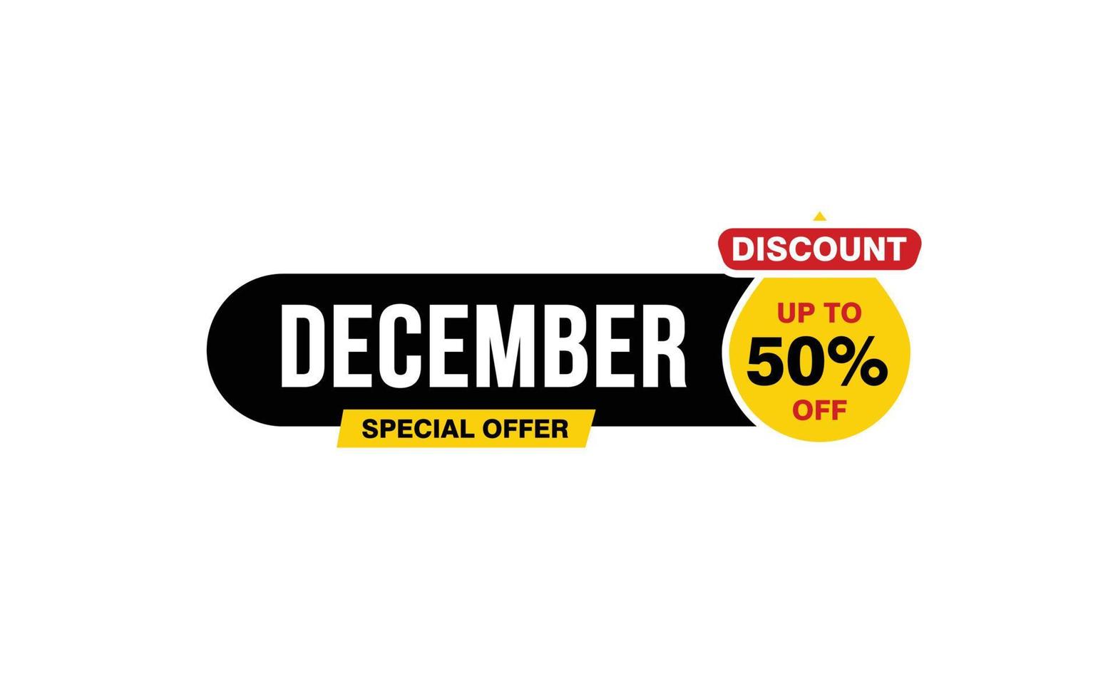 50 Percent december discount offer, clearance, promotion banner layout with sticker style. vector