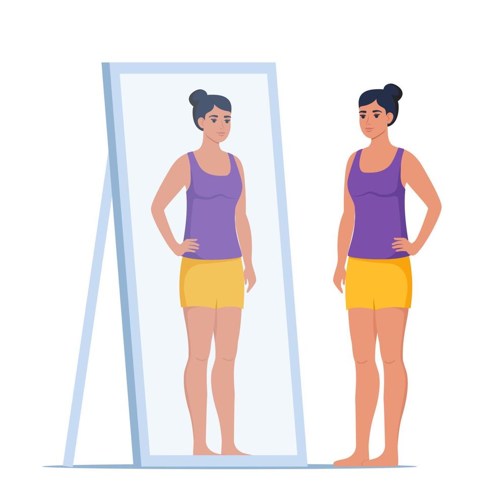 Beautiful slim woman in front of mirror. Idea of weight loss and healthy living. Beautiful female character after losing weight. Weight loss concept. Vector illustration.