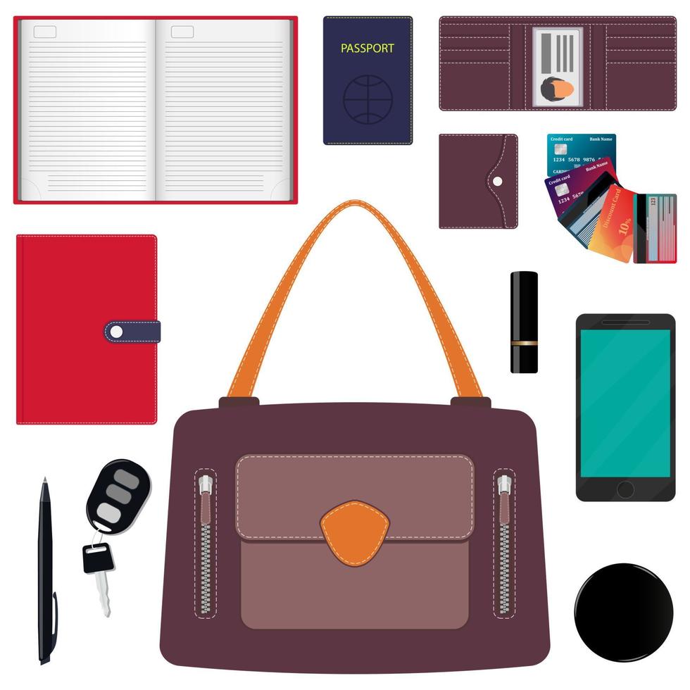 Woman s handbag and contents. Diary, wallet, bank cards, pen, smartphone, passport, car keys, lipstick, powder. Vector illustration.