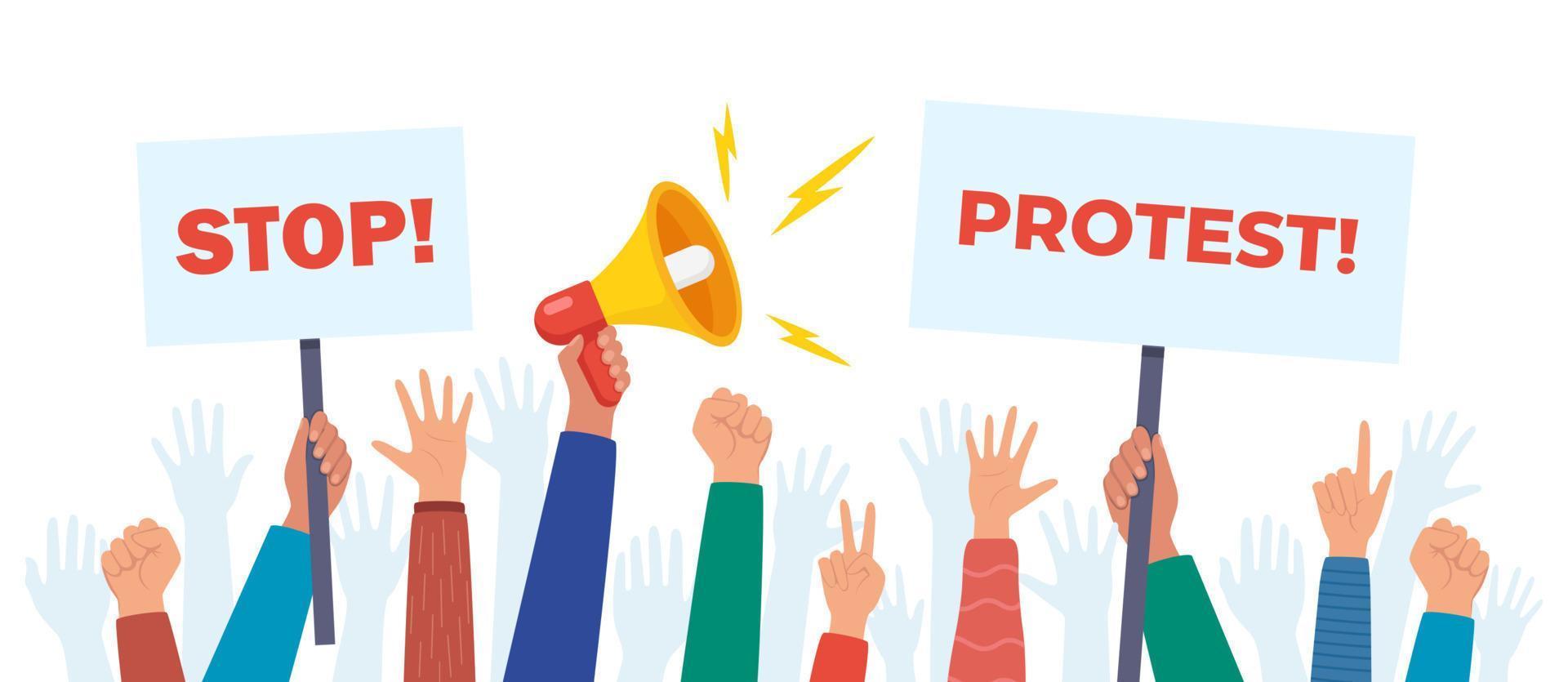 Protesters hands holding protest signs, crowd of angry people. Banner, manifesting activists demonstrating sign. Street demonstration concept. Political revolution, demonstrate. Vector. vector