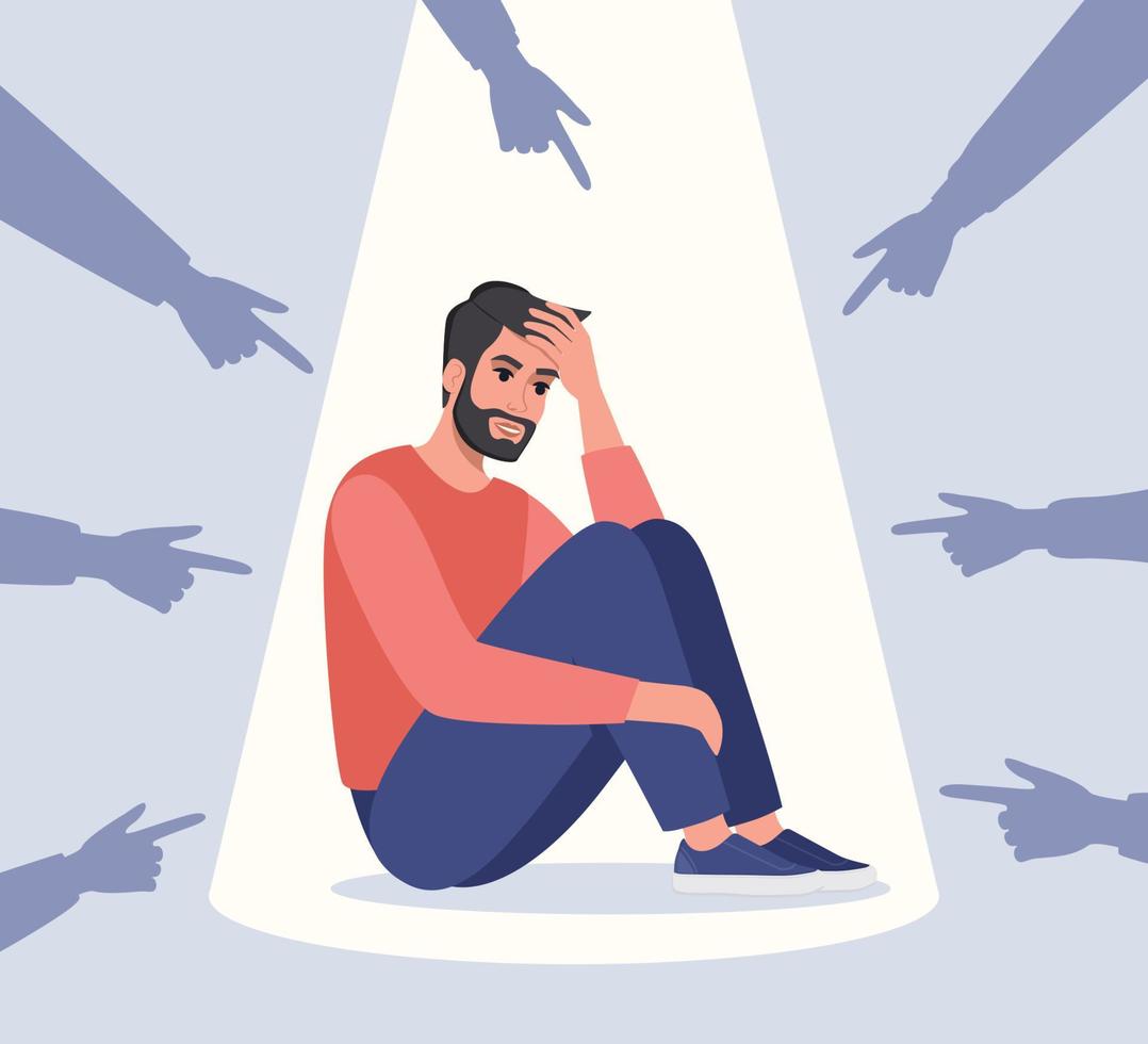 Sad or depressed young man surrounded by hands with index fingers pointing at him. Concept of quilt, accusation, public censure and victim blaming. Flat vector illustration.