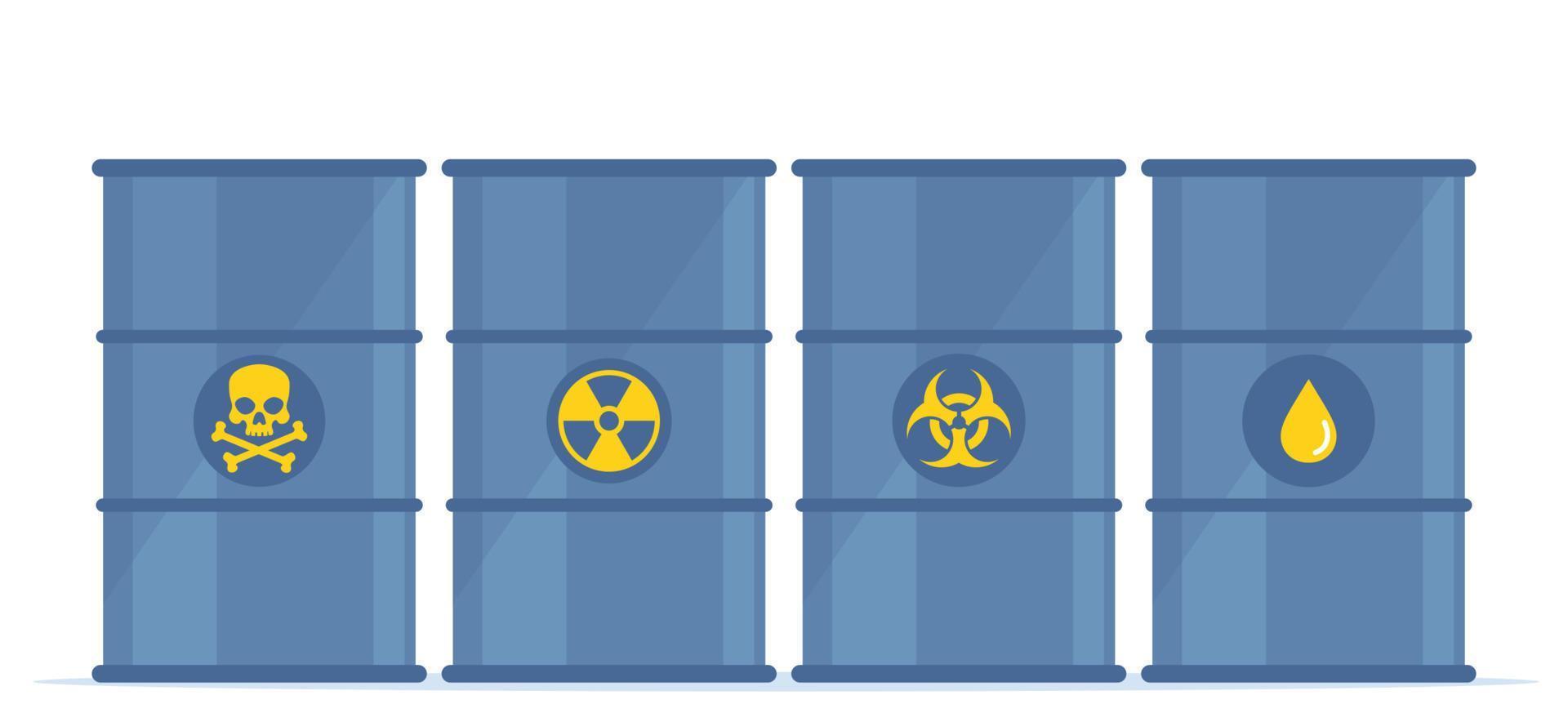 Barrels of Toxic, Biohazard and Radioactive waste. Metal barrels with danger signs. Ecology, environmental pollution, waste. Vector illustration.