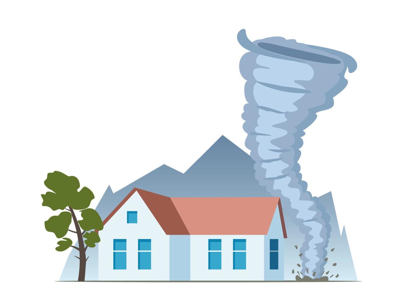 Tornado is approaching the house. Tornado with spiral twists destroys buildings in residential neighborhood, nature disaster concept vector illustration.