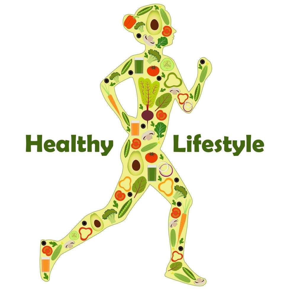 Silhouette of a running woman, filled with icons of vegetables. Healthy lifestyle illustration icon set for infographics. vector