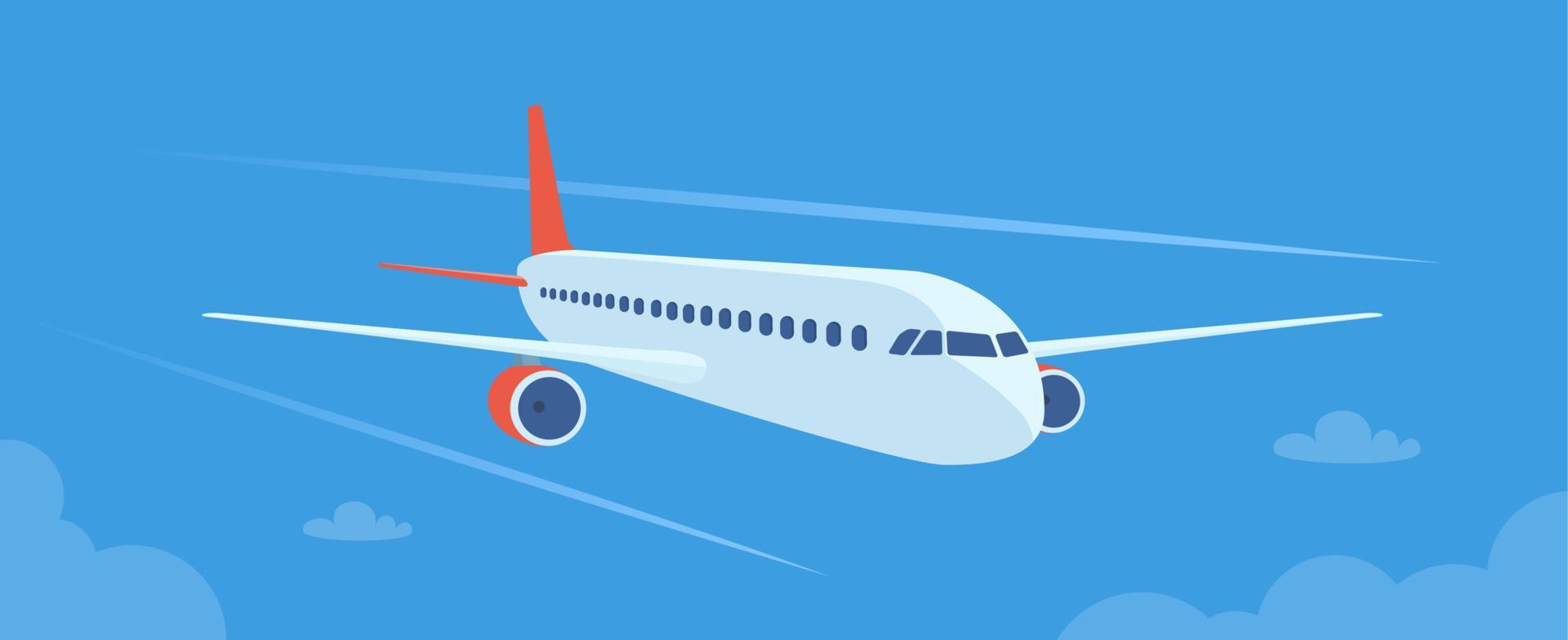 Flying plane above the clouds. Aircraft in the sky. Travel concept illustration for advertising airline, website to search for air tickets, travel agency. Traveling flyer, banner, vector illustration.