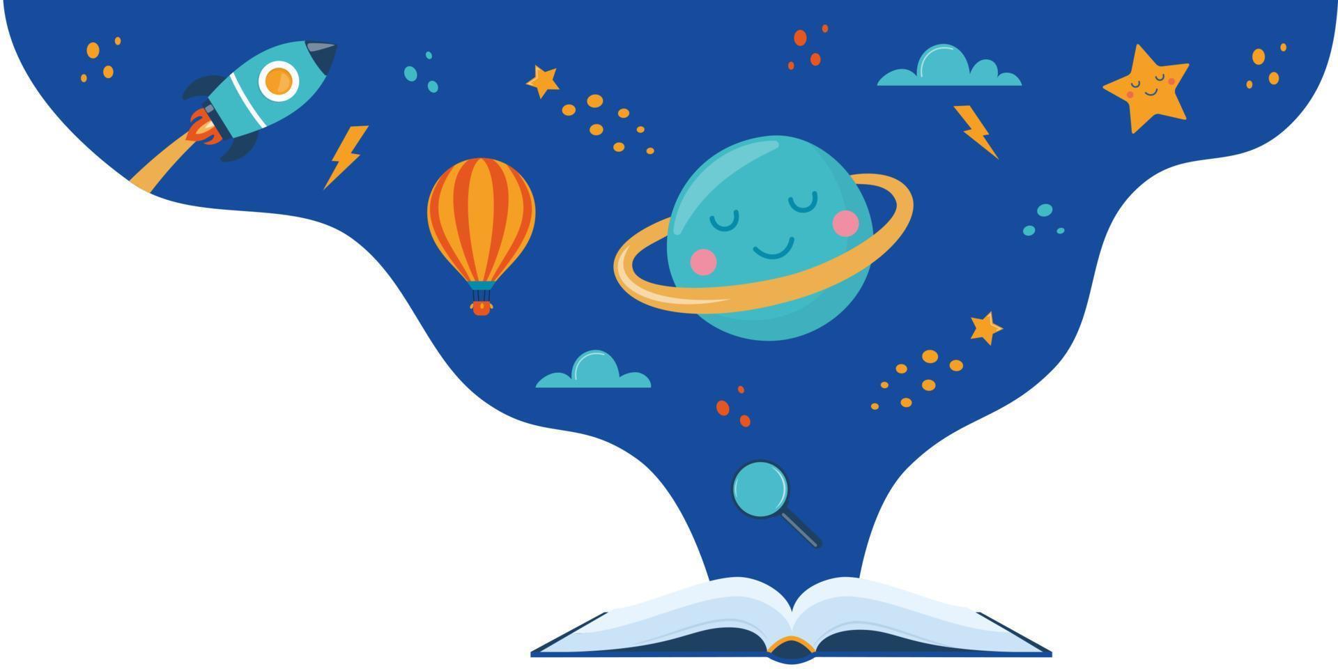 Open book and space elements. Planet, rocket, star, cloud, aerostat. Education concept for kids. Knowledge, creativity, discoveries. Design for educational motivational banner. Back to school. Vector. vector