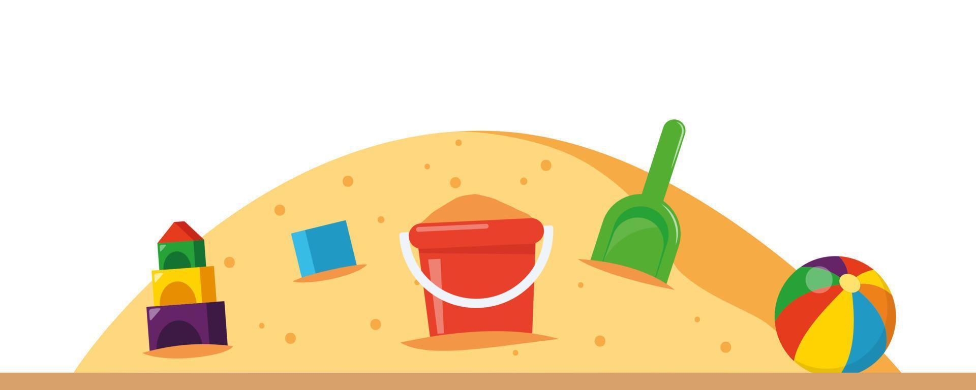 Sandbox with pile of sand and children toys in flat style. Sandpit with kids shovel, bucket and car on pile of yellow powder. Vector illustration.