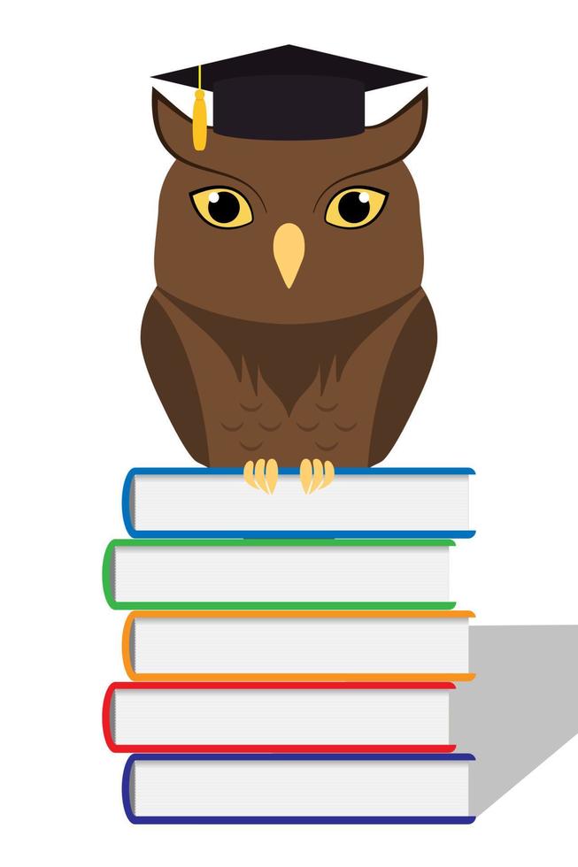Cute owl with graduation hat on head sitting on a stack of books. Vector flat illustration, isolated on white.