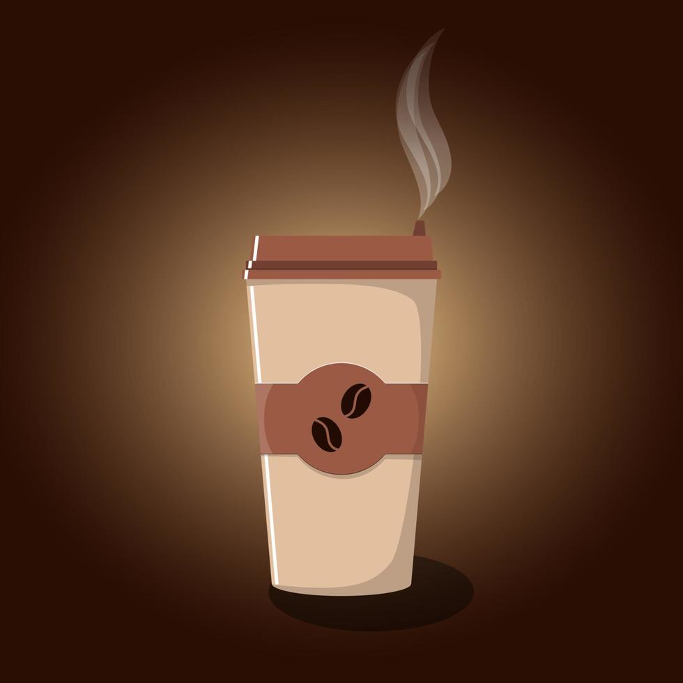 Paper coffee Cup with lid and emblem with coffee beans. Hot take-away coffee and steam above it. Coffee to go. Vector illustration in flat style.