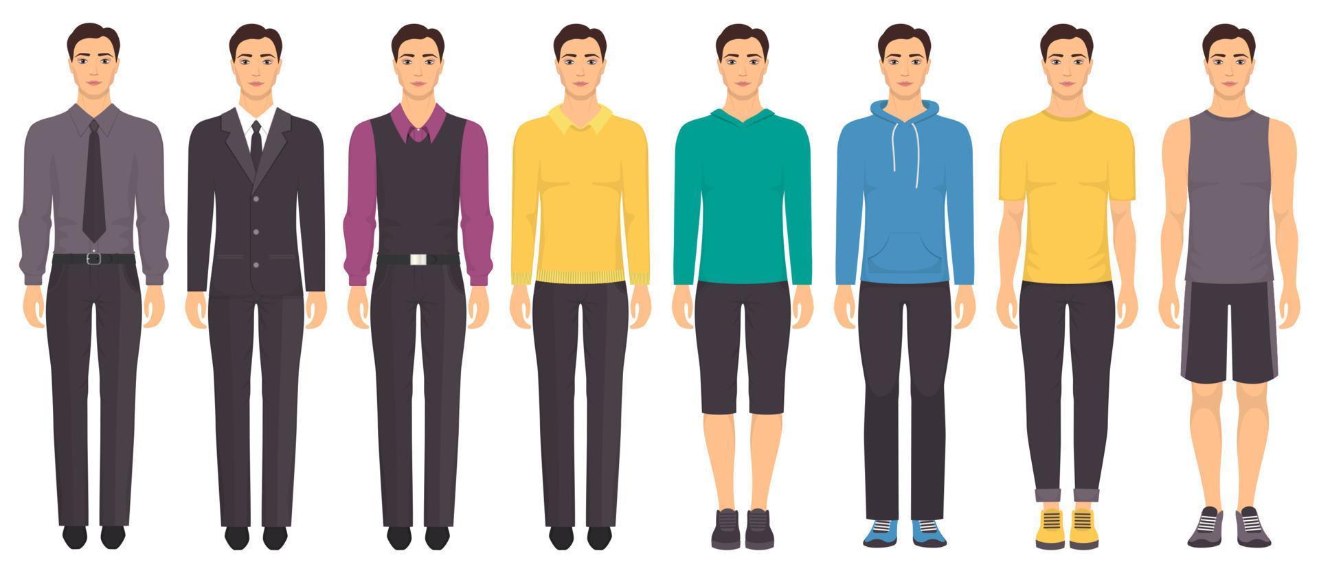 Young man standing in full growth in different clothes, formal, business, everyday, sports. Man in elegant and casual clothes. Basic wardrobe. Vector illustration, isolated.