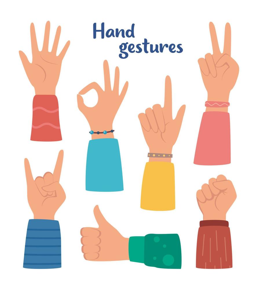 Hand gesture set. human hands showing thumbs up, pointing and greeting, OK. Various hand symbols. Interactive communication set. Vector illustration.