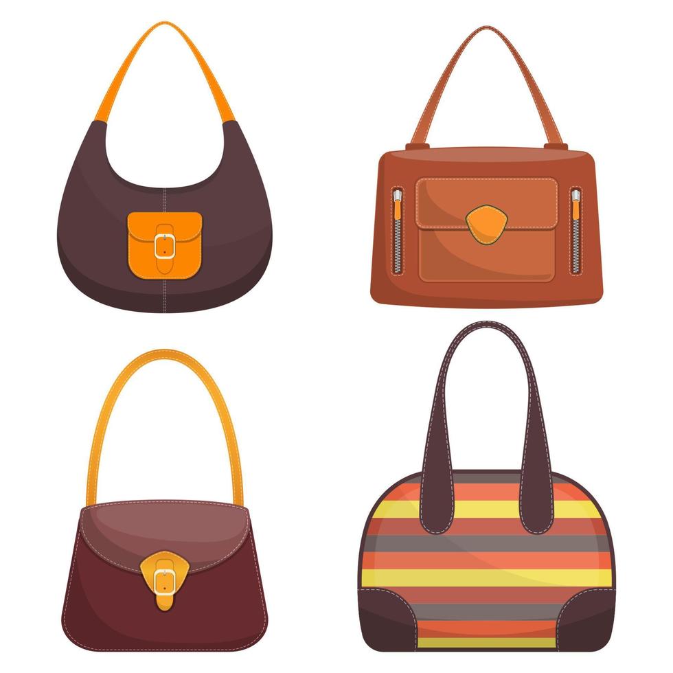 colección de elegantes bolsos de cuero de colores con costuras blancas. bolsa de mujer. bolsos de mujer aislados sobre fondo blanco. accesorios de moda. ilustración vectorial en estilo plano. vector