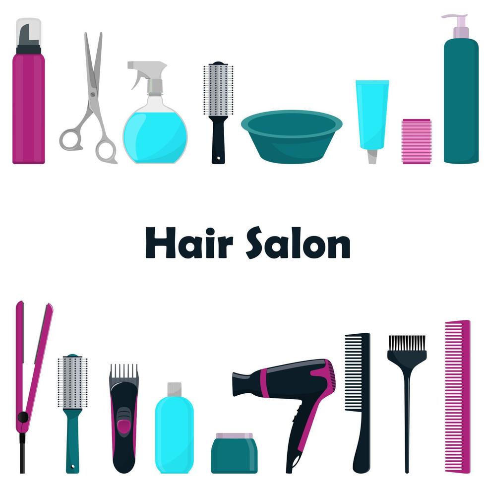Tools and cosmetic products for hair care. Professional hairdressing tools. A set of elements for a beauty salon. Vector illustration in flat style.