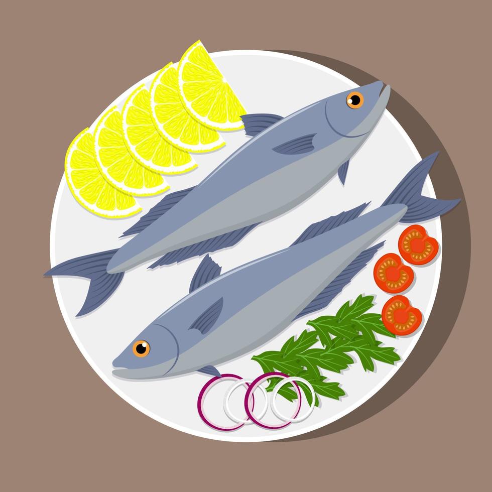 Fishes on white plate with lemon, herbs, tomato, onion. Cooking of salmon. Vector flat illustration.