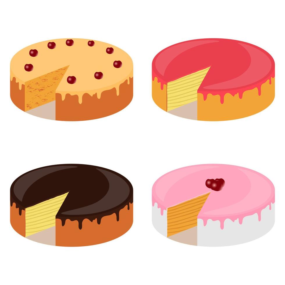 Various cakes, set. Cakes with cherry, chocolate, cream, biscuit. Vector illustration.