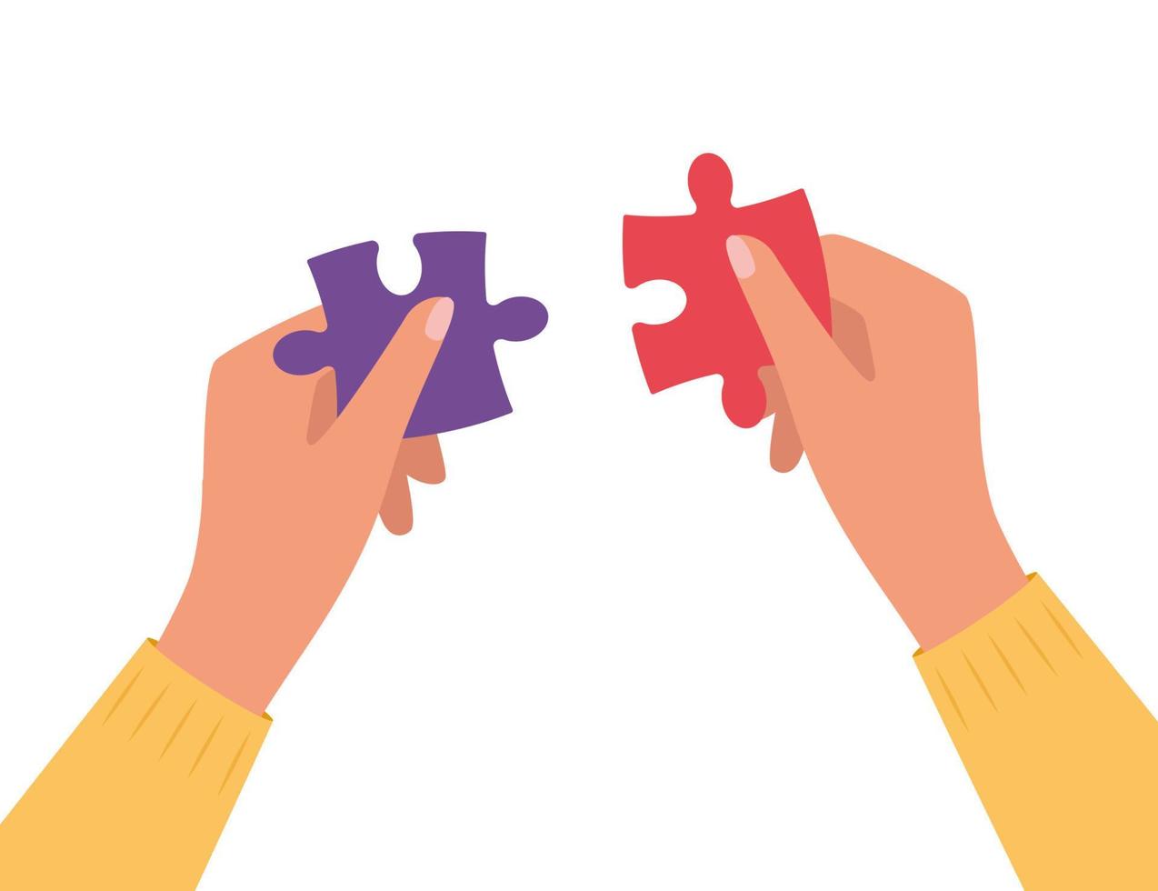 Hands assembling puzzle pieces together. Vector illustration.
