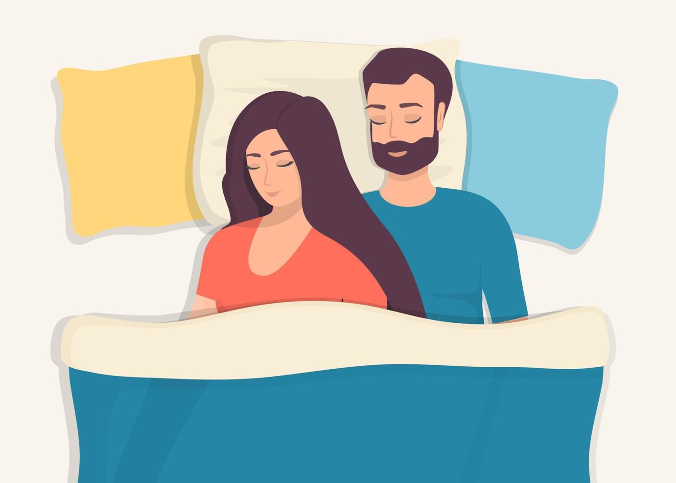 Man and woman sleeping in bed. Loving couple sleeps at night. Lovers sleep in an embrace. Flat vector illustration.