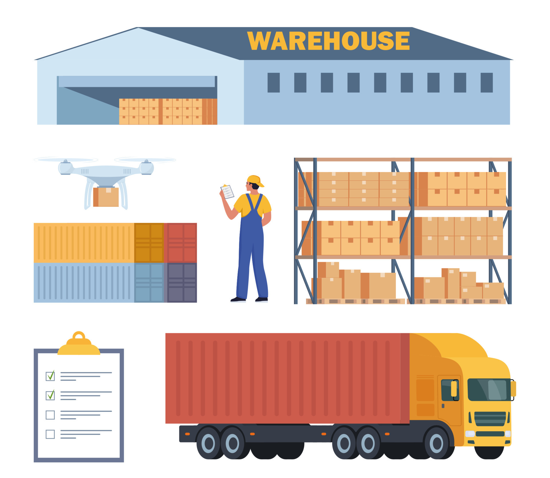 Merchandise warehouse and logistic, workers and equipment, set of