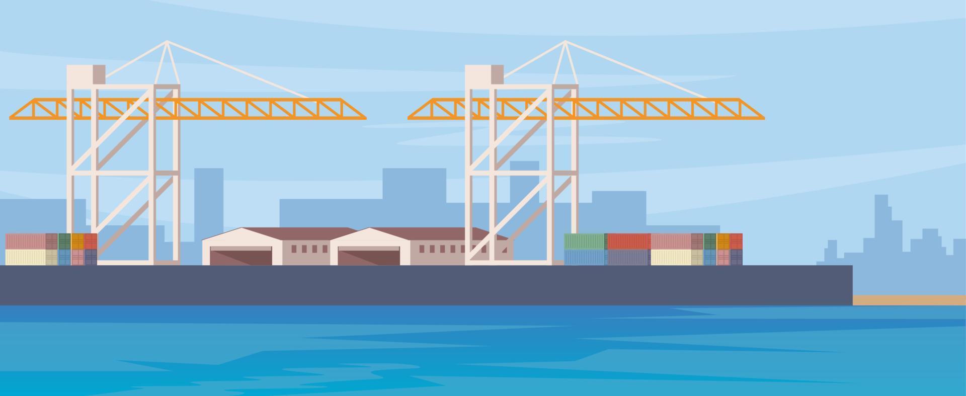 Cargo seaport with cranes, containers and warehouses. Cargo logistics. International cargo transportation and trade. Container ship, working cranes in shipping yard. Vector illustration.