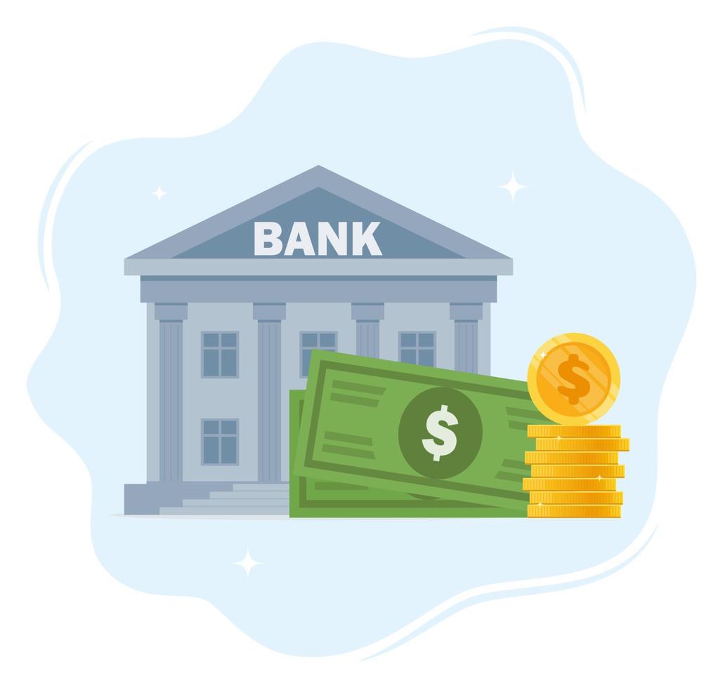 Bank building and money, bank financing, money exchange, financial services, ATM, giving out money. Vector flat illustration.