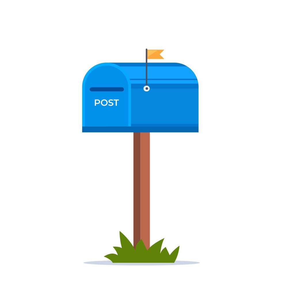Mailbox with a closed door and raised flag. Blue post box, isolated on ...