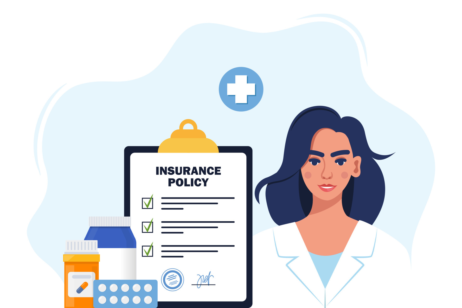 Health insurance concept. Insurance policy on clipboard, medical drugs