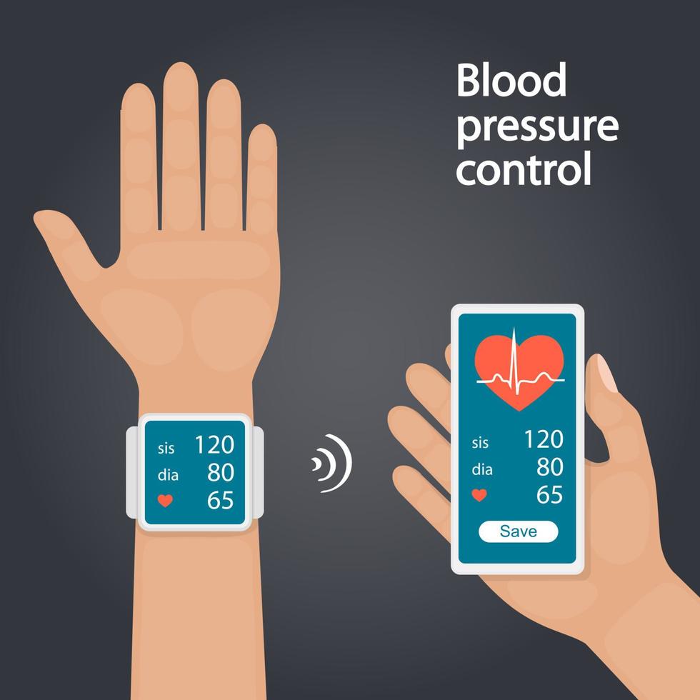 medición y seguimiento de la presión arterial con aparatos modernos y aplicaciones móviles. hombre que controla la presión arterial con tonómetro de dispositivo digital. cuidado de la salud. ilustración vectorial plana. vector