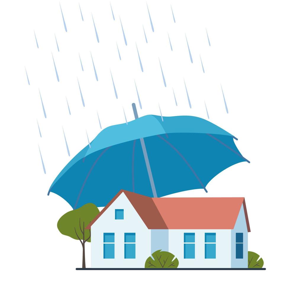 House insurance concept. Real estate protection, flat cartoon house protected under umbrella, home safety, security. Vector illustration.