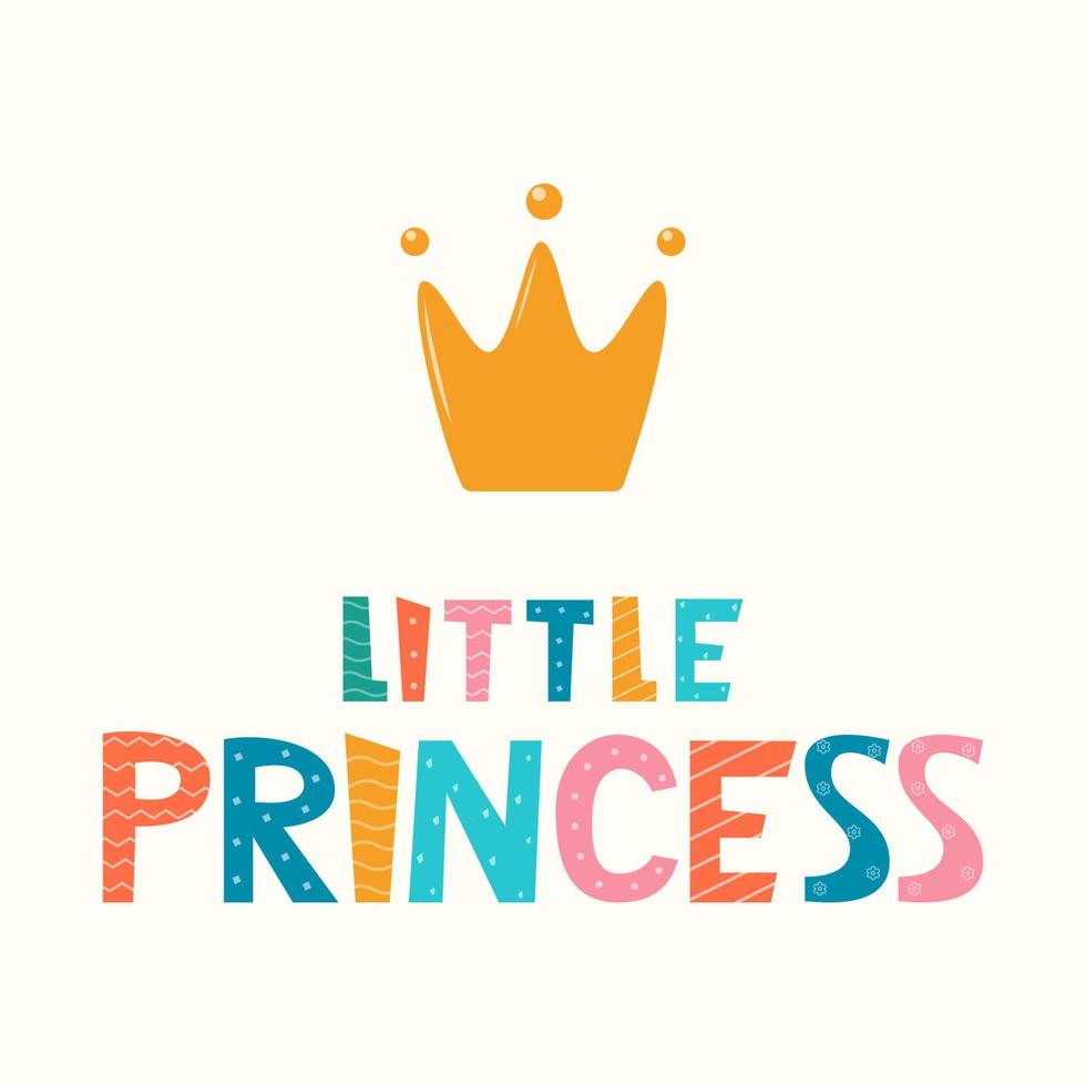 letras dibujadas a mano princesita con corona para imprimir, ropa, tarjeta, decoración de la habitación de los niños. estampado infantil para niña. ilustración vectorial vector