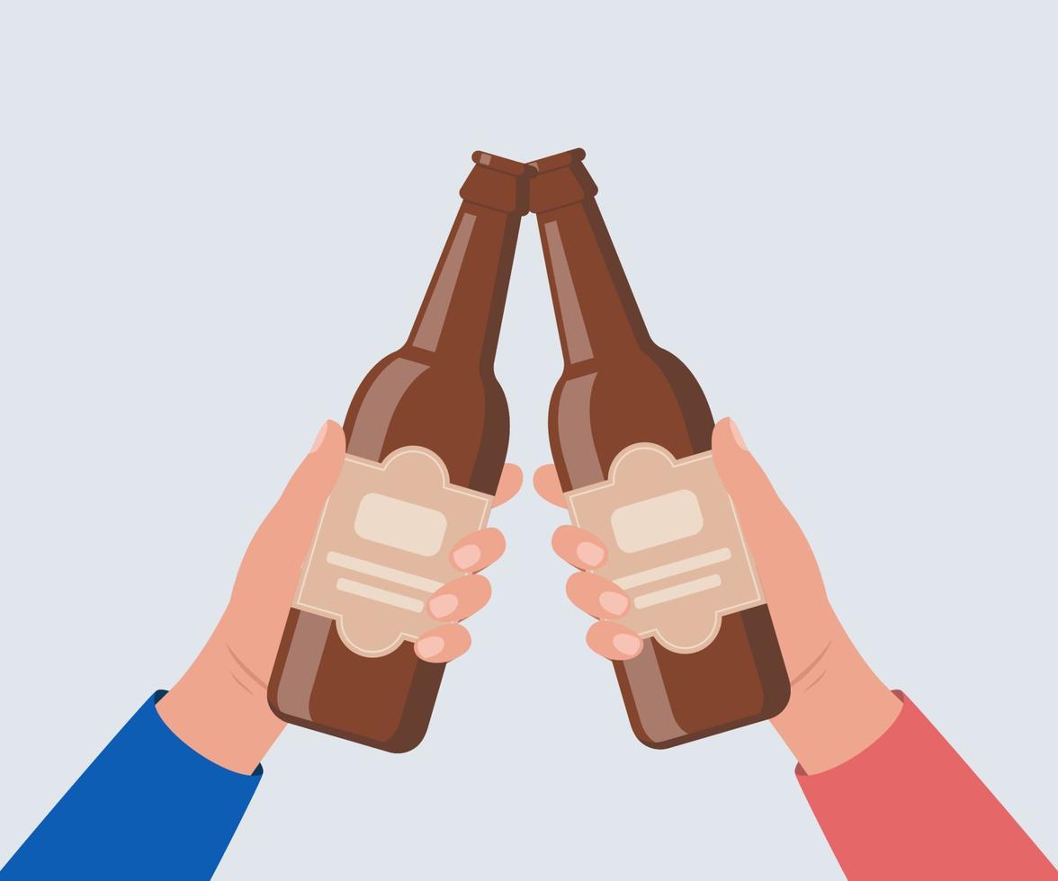 Cheers with beer bottles. Hands holding bottles with alcohol drinks. Friends toast on pub or bar party. Vector illustration.