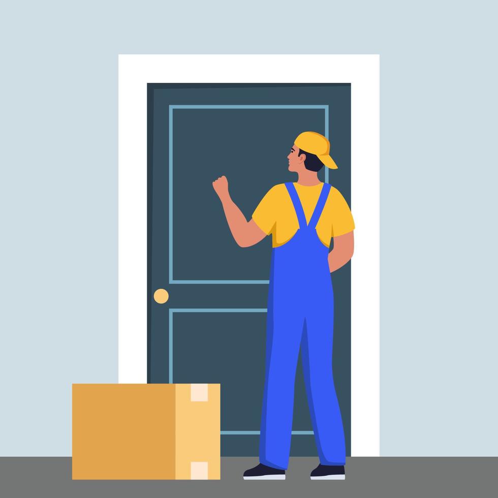 el repartidor con uniforme azul y amarillo se encuentra frente a la puerta con una caja. el mensajero entregó la caja y llama a la puerta del cliente. ilustración vectorial vector