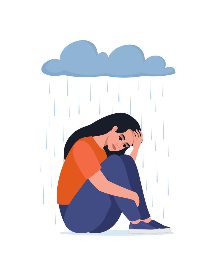 joven mujer deprimida sentada bajo una nube lluviosa metafórica. mujer solitaria y triste abrazando sus rodillas. concepto de depresión, salud mental, problema psicológico, abuso y acoso. ilustración vectorial vector