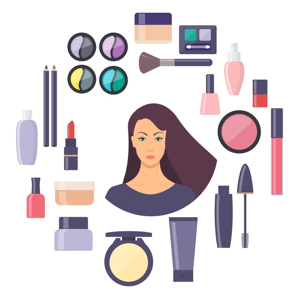 Woman face surrounded by decorative cosmetics elements. Everything for make up and self care. vector