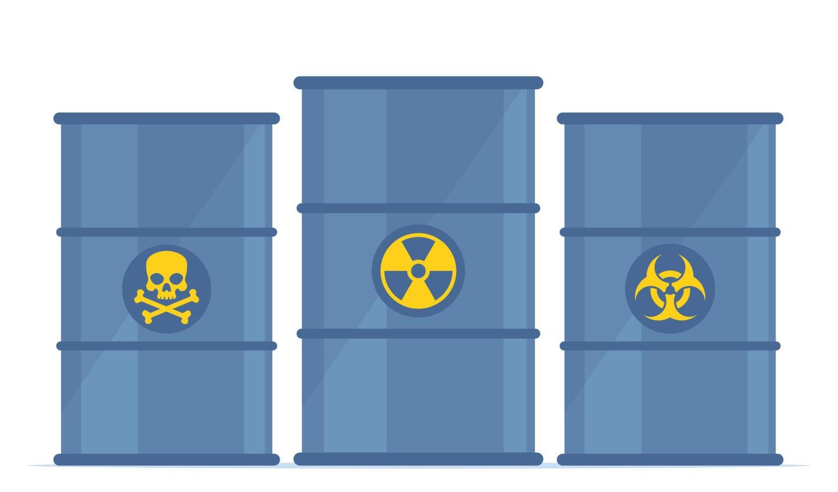 Barrels of Toxic, Biohazard and Radioactive waste. Metal barrels with danger signs. Ecology, environmental pollution, waste. Vector illustration.