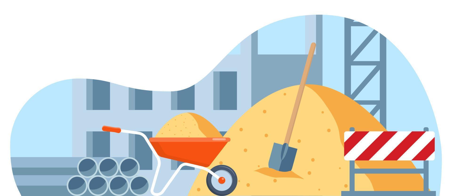 Building work process. Wheelbarrow, sand pile, shovel, warning sign. Construction equipment. City landscape on background. Vector illustration.